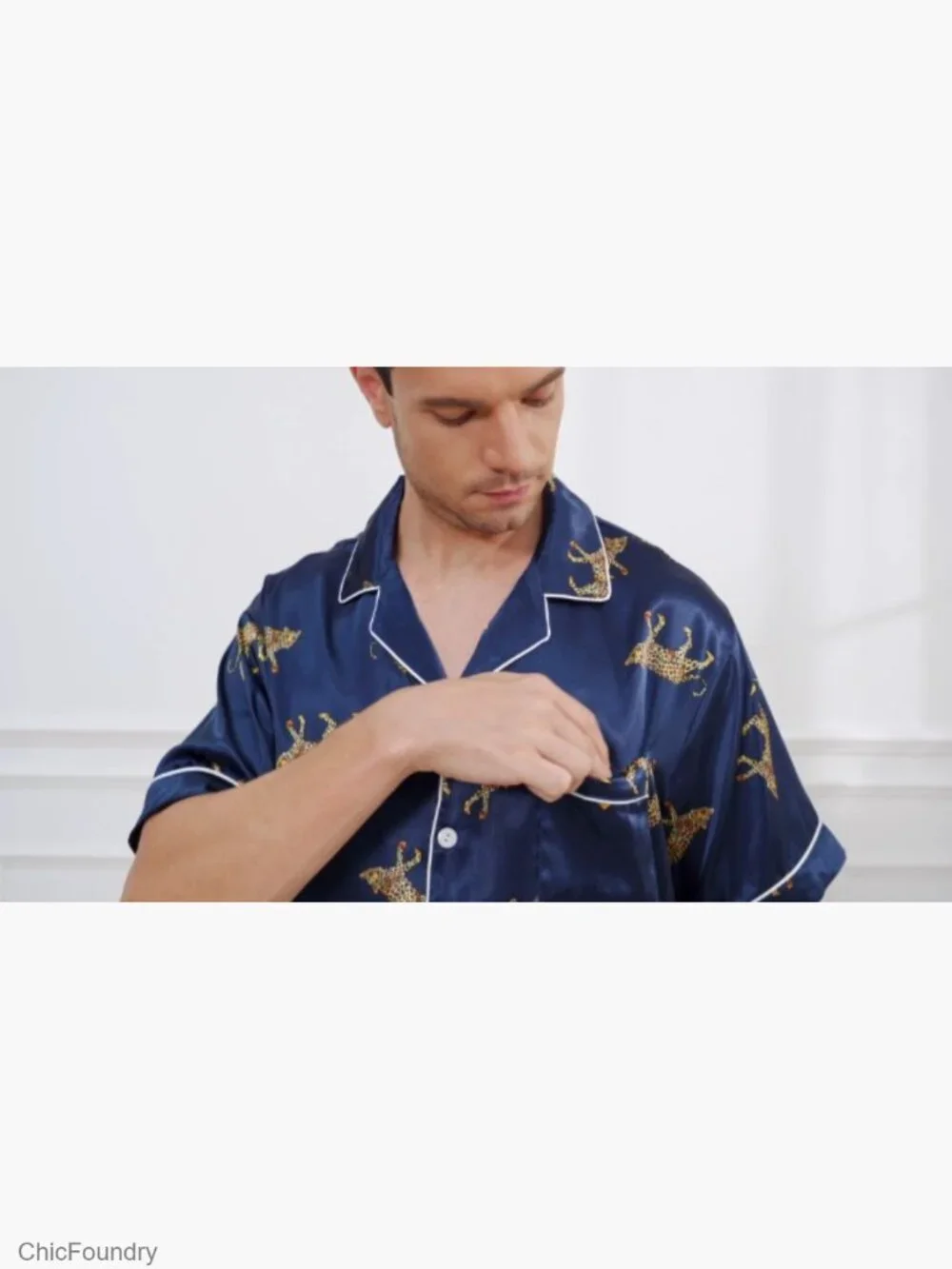 Men Silk Pajama Set Short Sleeve Satin PJs 2 Piece Button Down Sleepwear